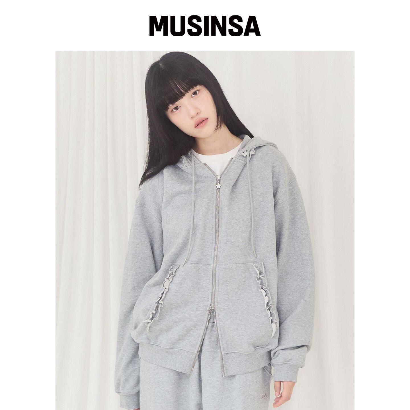 ALKI ALKA 荷叶边连帽拉链卫衣（灰色） MUSINSA韩国官网直邮进口