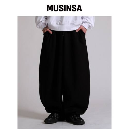 LIKE THE MOST 曲线绒面宽松训练裤_黑色 MUSINS韩国官网直邮进口