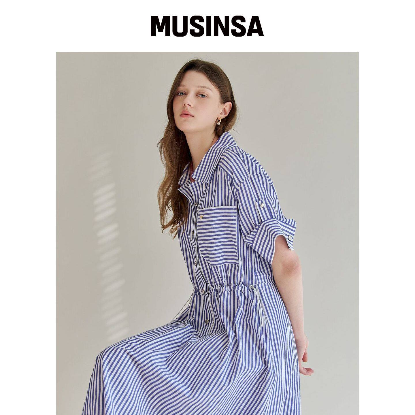 MAXZA 条纹绑带不对称衬衫连衣裙 MUSINSA韩国官网直邮进口