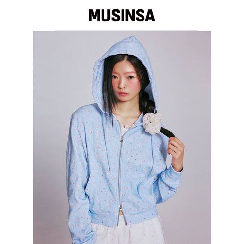 YOUHEE 羊毛图案眼孔连帽拉链外套_浅蓝色 MUSIN韩国官网直邮进口