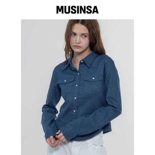 CHICKS 口袋牛仔修身衬衫中蓝色 MUSINSA韩国直邮官方正品