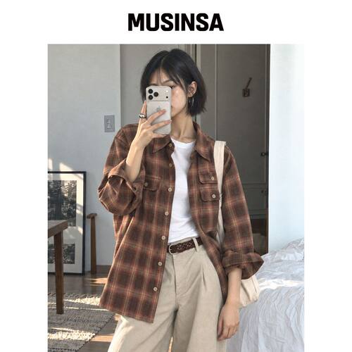 ROWDY 双翻盖宽松版型格子衬衫_褪色玫瑰色 MUSI韩国官网直邮进口