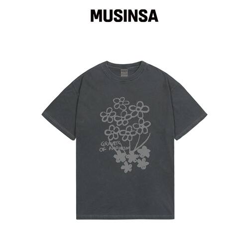 GRAVER [UNISEX]花束图案染色短袖T恤_黑炭色 MU韩国官网直邮进口