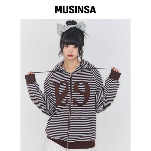 ILLIGO 129 logo补丁连帽拉链条纹棕色 MUSINSA韩国官网直邮进口