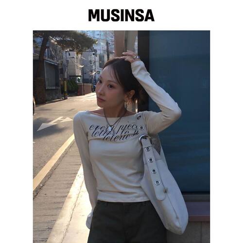 LETERIE 字母印花露肩系带长袖上衣_10色 MUSINS韩国官网直邮进口