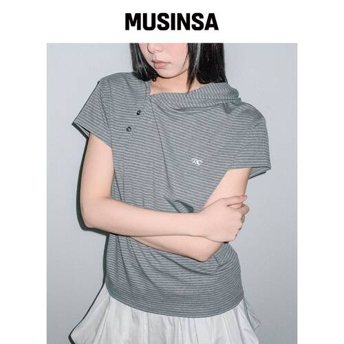 CHICKS 不对称条纹扣子连帽卫衣 深灰色 MUSINSA韩国直邮官方正品