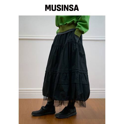 NOCONTENT 287.褶皱网眼裙 _ 黑色 MUSINSA韩国官网直邮进口