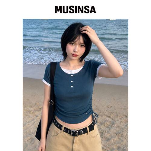 HAVISM DOUBLE HENLEY NECK 短袖T恤（海军蓝）韩国官网直邮进口