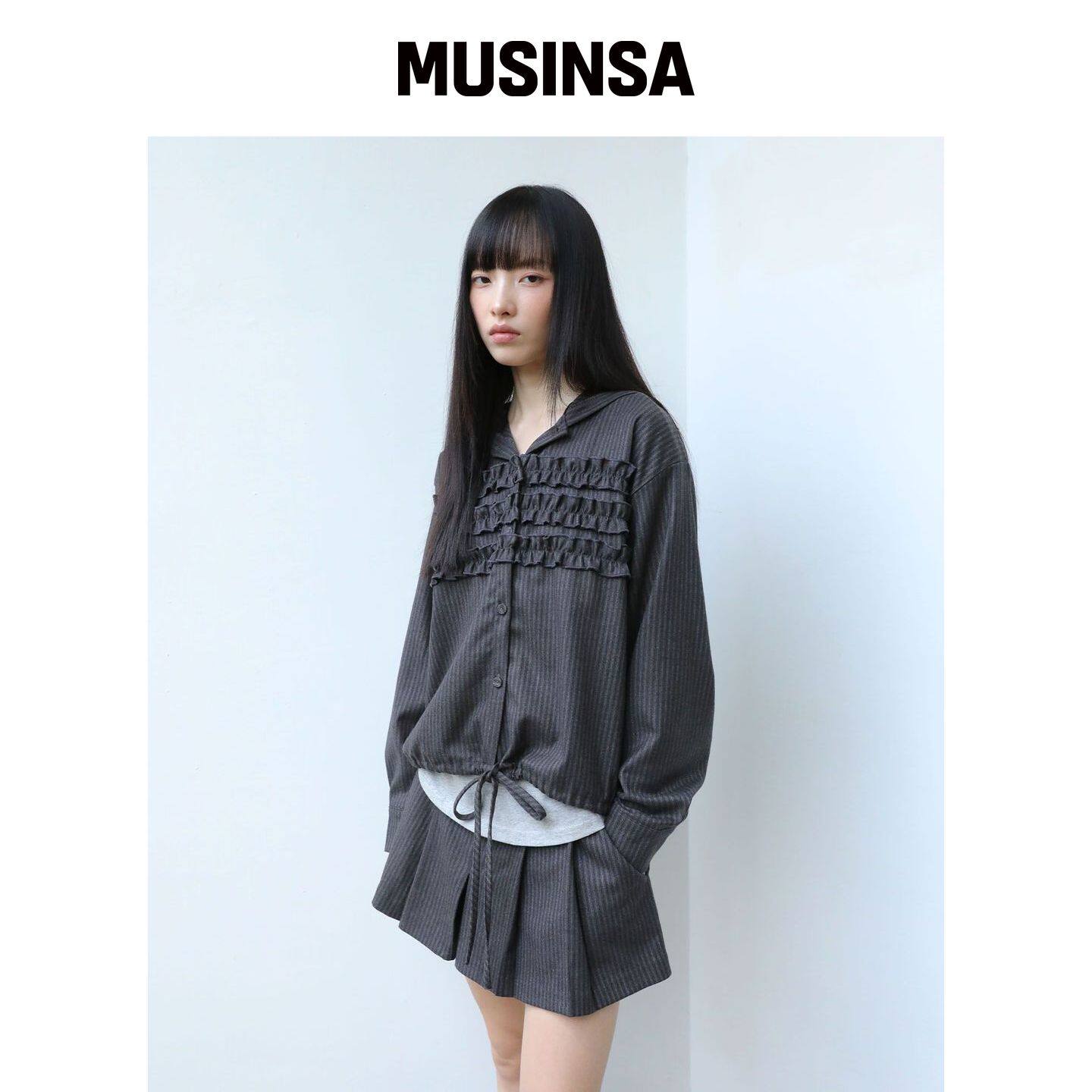 UGLYSHADOW 条纹荷叶边连帽衬衫(炭灰色) MUSINS韩国官网直邮进口
