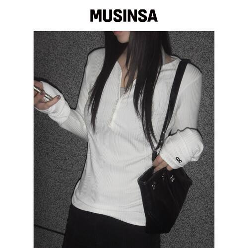CHICKS 不规则罗纹修身长袖衬衫 白色 MUSINSA韩国直邮官方正品