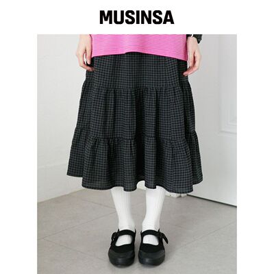 WONDERVISITOR 格纹松紧长裙 [炭灰色] MUSINSA韩国官网直邮进口