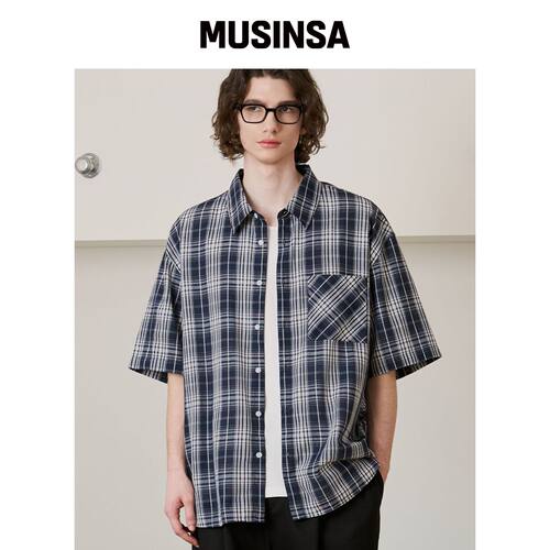 DRAW FIT 斯蒂芬格纹短袖衬衫 [NAVY] MUSINSA韩国直邮官方正品