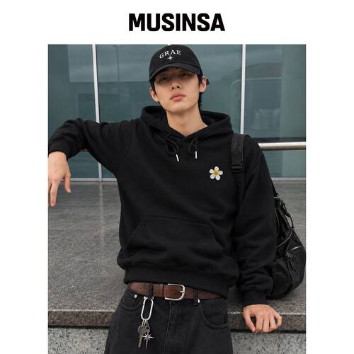 GRAVER [UNISEX]花朵点缀刺绣连帽卫衣_黑色 MUS韩国官网直邮进口