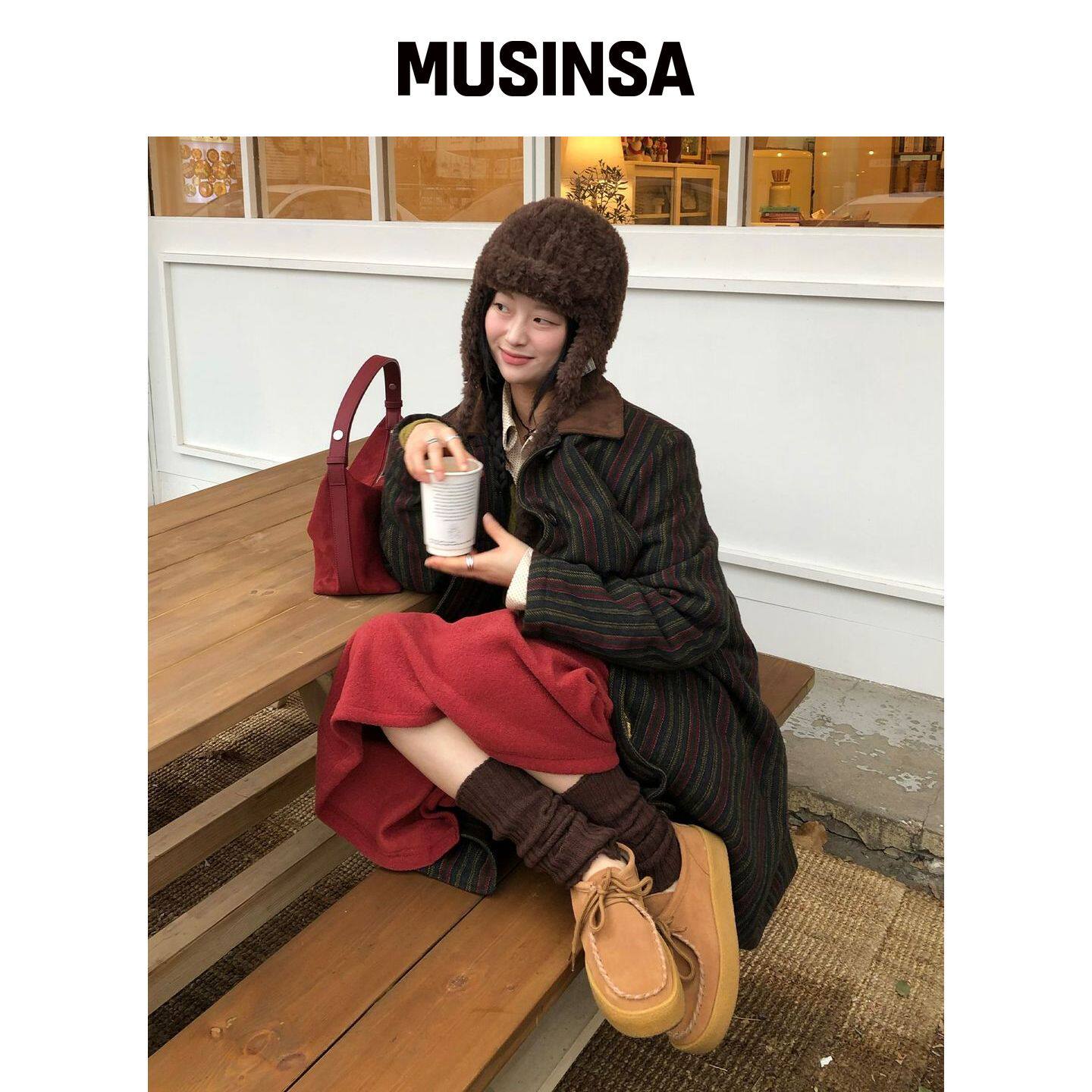 MENASOO 经典条纹长款大衣·绿色 MUSINSA韩国官网直邮进口
