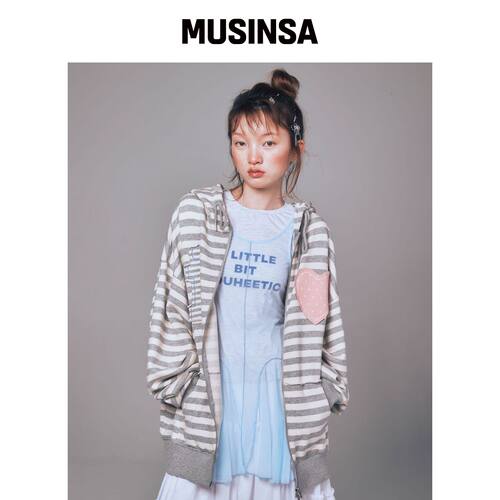 YOUHEE 连帽衫拉链卫衣灰色条纹外套 MUSINSA韩国官网直邮进口