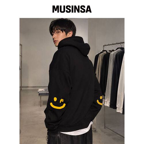 GRAVER [UNISEX]肘部微笑绘图连帽卫衣_黑色 MUS韩国官网直邮进口