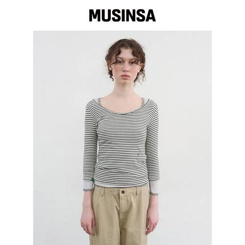 NOCONTENT 399.尤金条纹T恤_象牙白 MUSINSA韩国官网直邮进口