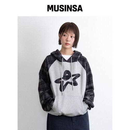 ISTKUNST STAR LOGO 格纹拉格兰连帽卫衣_GREY(I韩国官网直邮进口