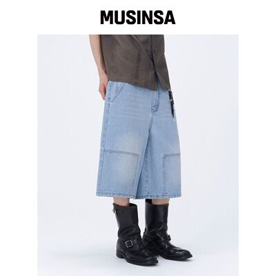 MISEKISEOUL MEN 双膝牛仔短裤 浅蓝色 MUSINSA韩国官网直邮进口