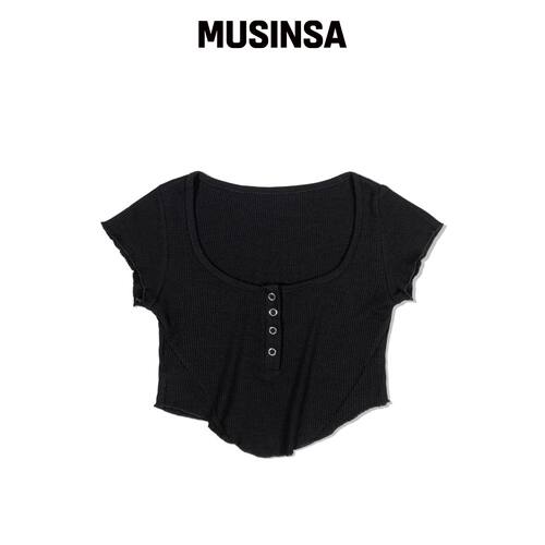 MOAA Curve Snap Henley Tee (黑色)韩国官网直邮进口