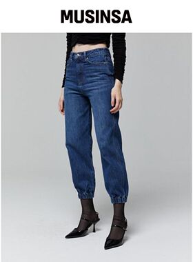 LADY VOLUME BANDING 牛仔 jogger 裤_深蓝色韩国官网直邮进口