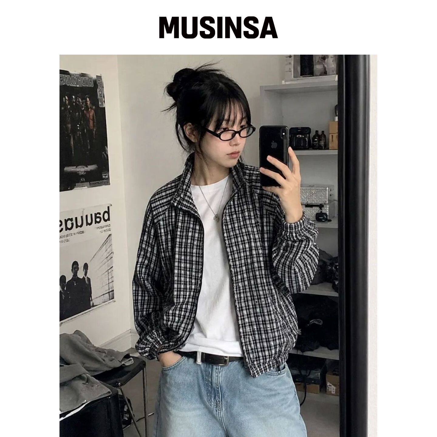 KRUXH 雪纺高领拉链衫单色格纹 MUSINSA韩国官网直邮进口