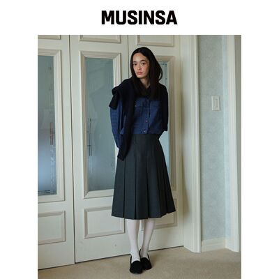 TTUDEMENT 褶皱中长裙_炭灰色 MUSINSA韩国官网直邮进口