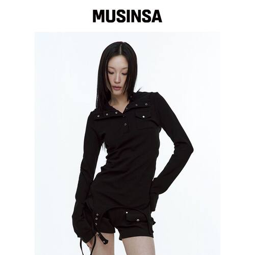 ROUGHNECK 黑色挂带连帽亨利上衣 MUSINSA韩国直邮官方正品