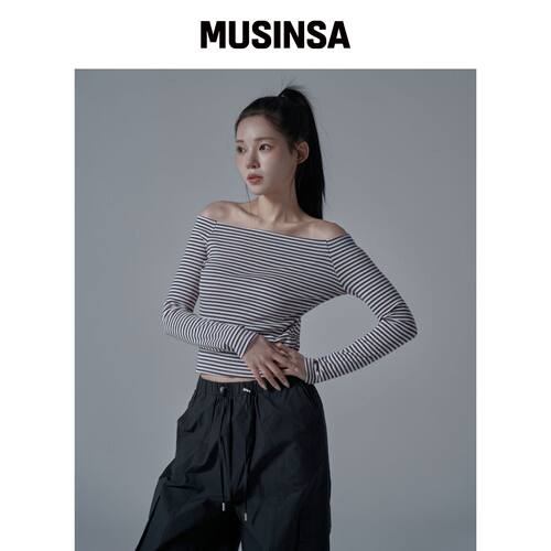 WAARFORWOMAN WT-74 罗纹露肩T恤_蓝色韩国官网直邮进口MUSINSA