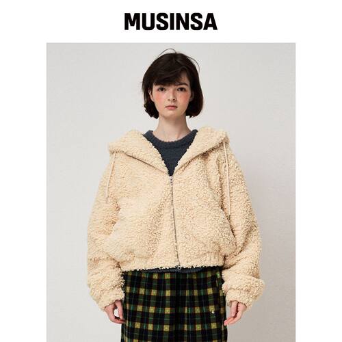 FUNFROMFUN 羊羔毛连帽毛衣，奶油色 MUSINSA韩国官网直邮进口