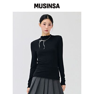 CHASECULT 女性荷叶边半高领抓绒T恤-黑色 MUSIN韩国官网直邮进口