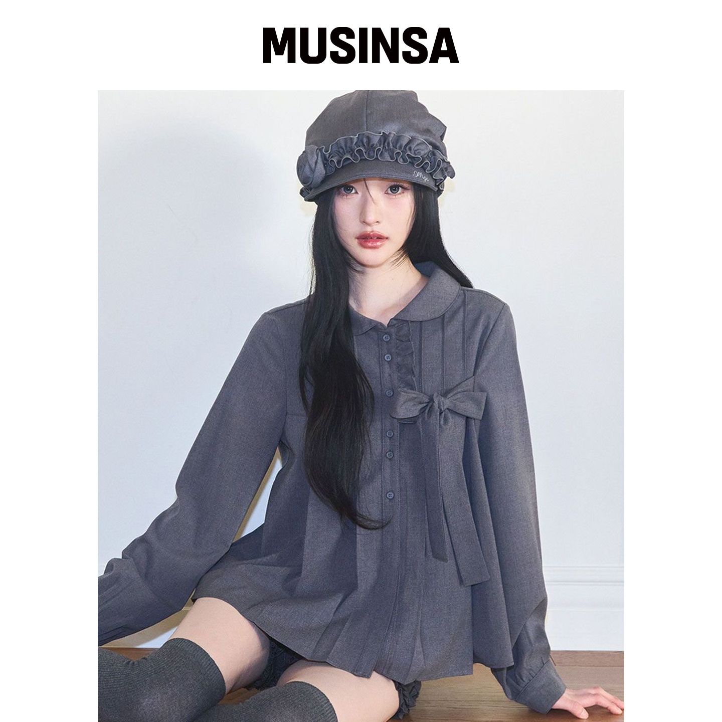 ILLIGO 蝴蝶结褶皱衬衫 灰色 MUSINSA韩国官网直邮进口图片