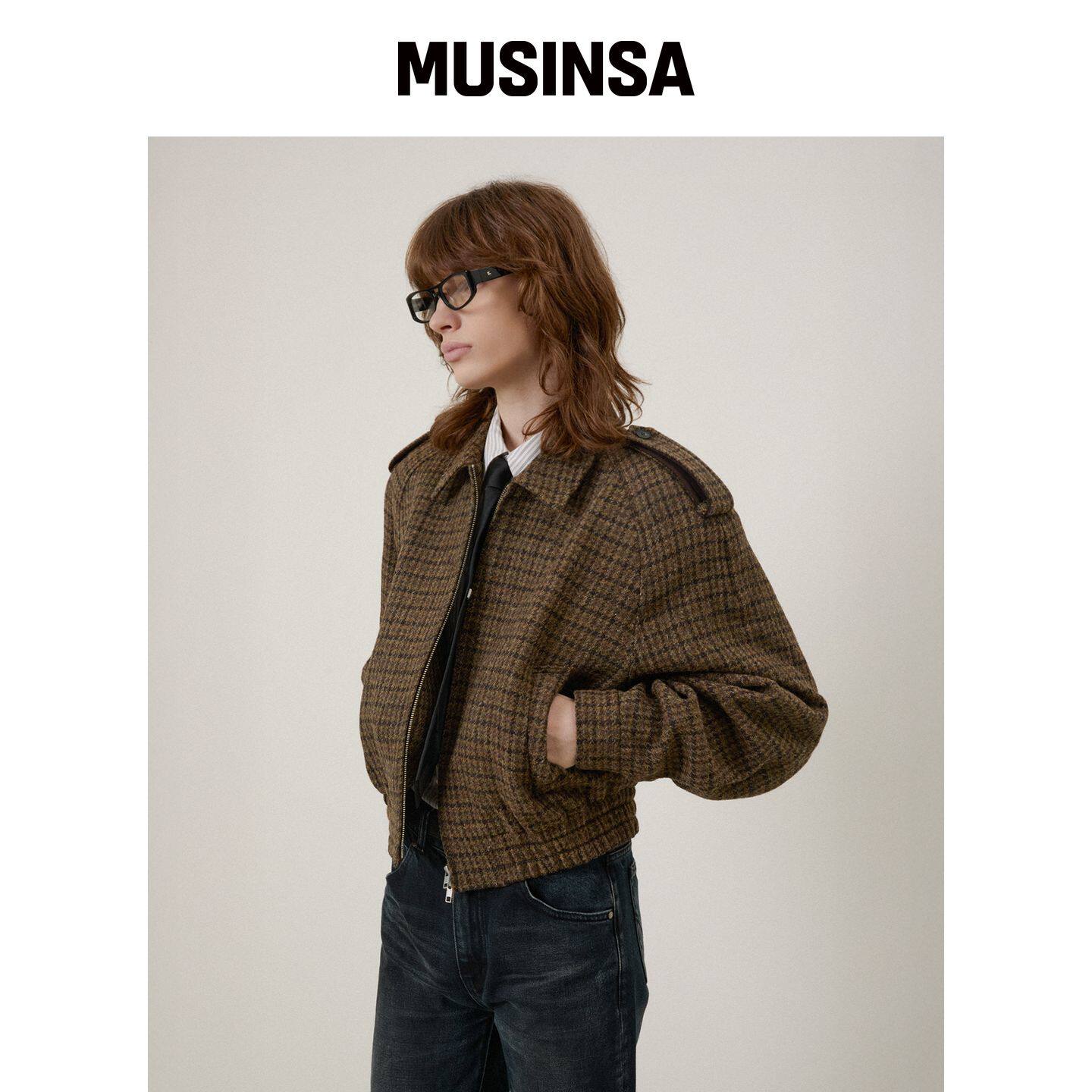 LMOOD BAUM HARRIS TWEED 羊毛 蓝色外套 棕色格韩国官网直邮进口