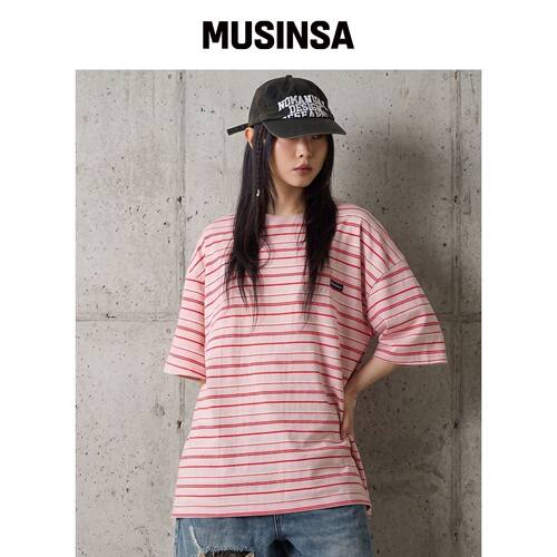 UNKNOWN PLANET 宽松条纹短袖桃粉色 MUSINSA韩国直邮官方正品