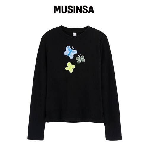 WHIMSY MIND 蝴蝶水彩长袖T恤_黑色 秋MUSINSA韩国官网直邮进口