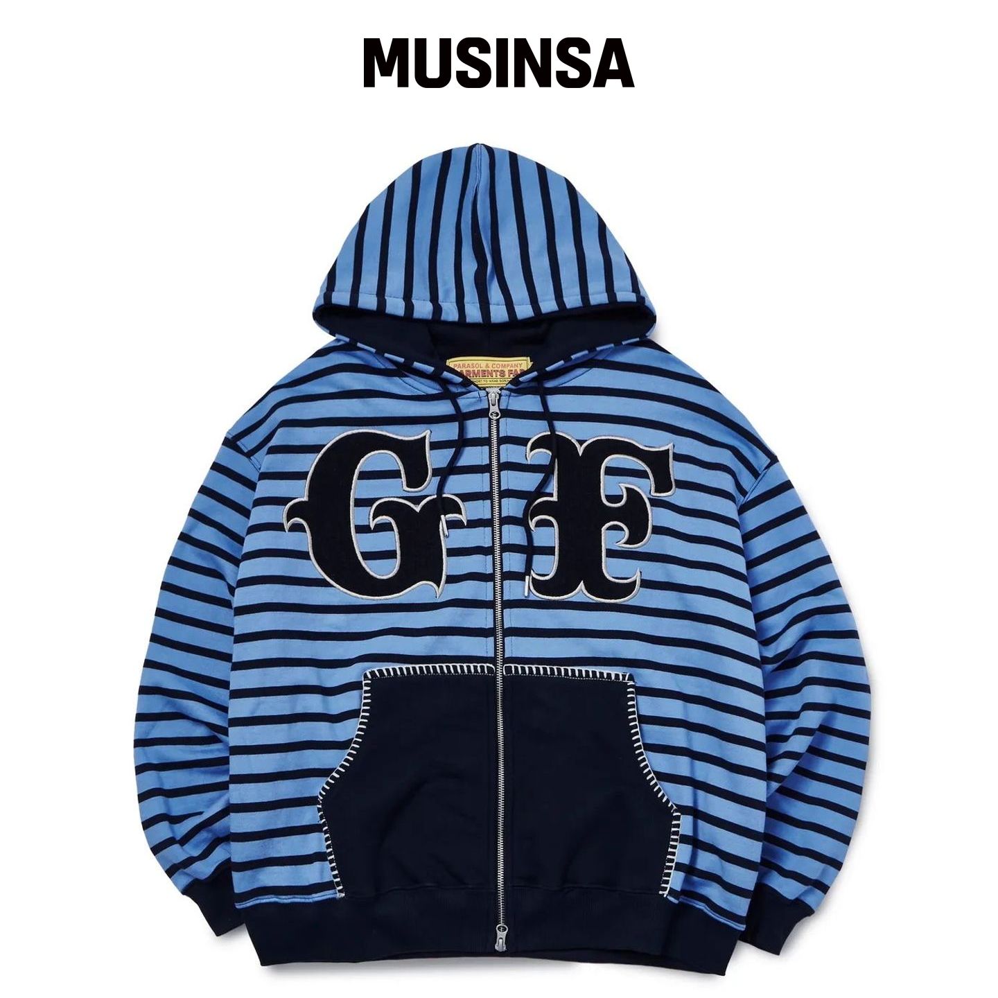 GARMENTS FAB 大补丁条纹连帽衫拉链 (蓝色) MUS韩国官网直邮进口