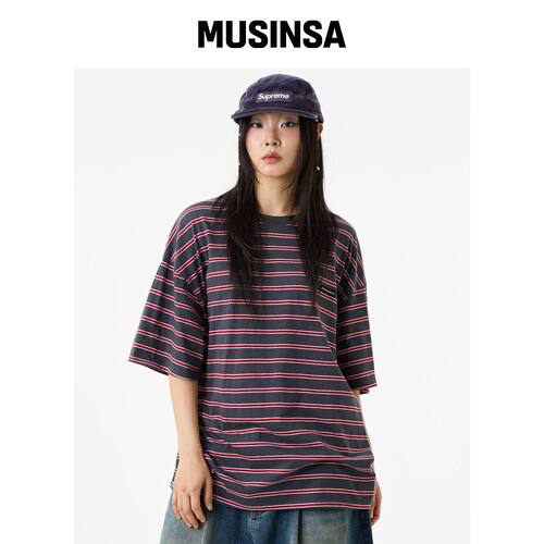 UNKNOWN PLANET 宽松条纹短袖灰色 MUSINSA韩国直邮官方正品