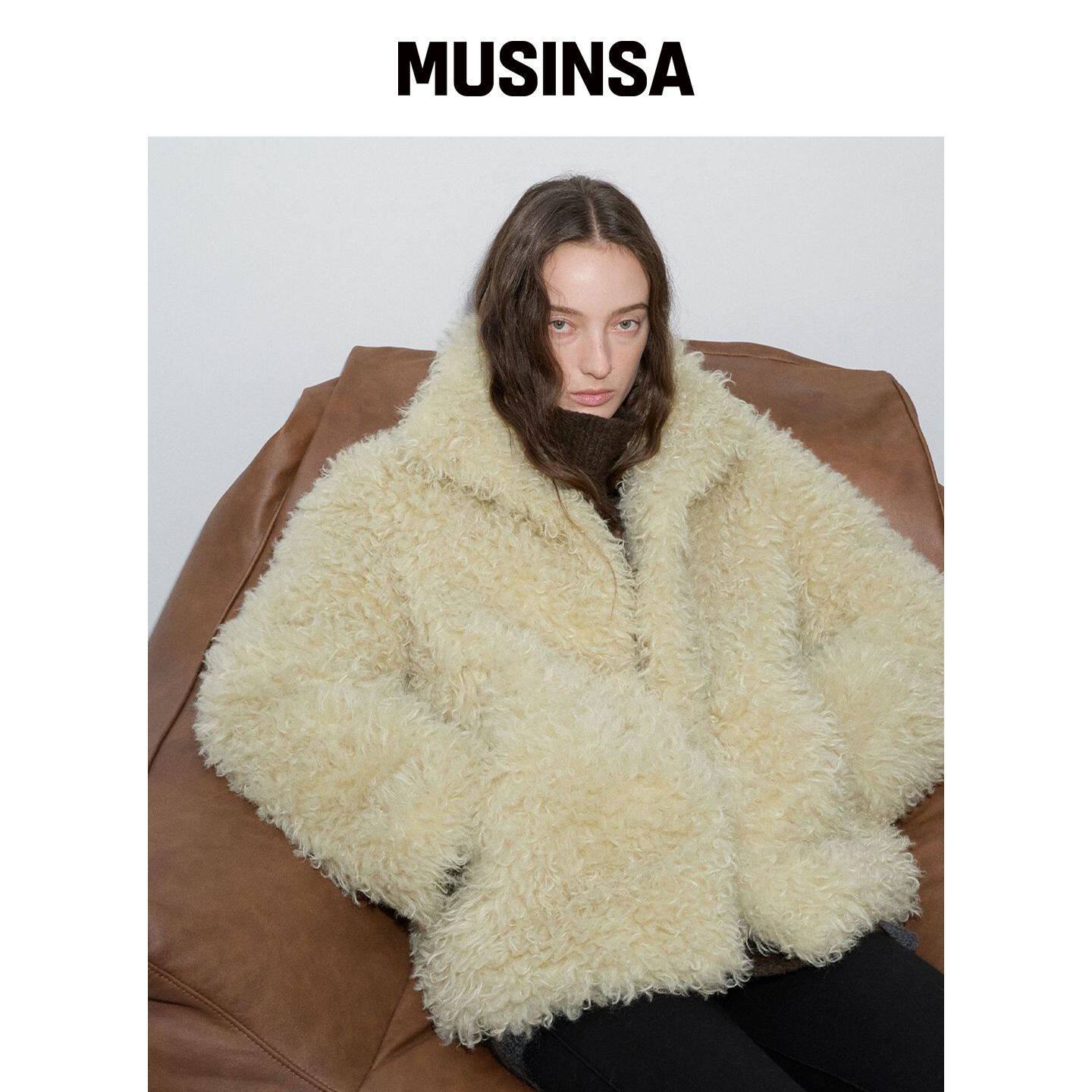 LEVAR 压褶皮草大衣-开心果米色 MUSINSA韩国官网直邮进口