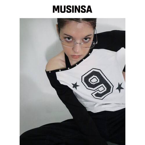 CHICKS NINESTAR 拼色单肩长袖白色上衣 MUSINSA韩国直邮官方正品