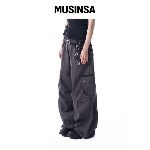 AAKAM 深灰色拼接设计膝盖褶皱工装裤 MUSINSA韩国官网直邮进口