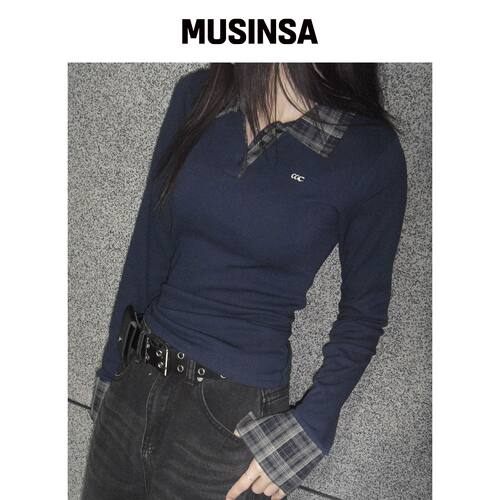 CHICKS 格纹修身翻领长袖衫 海军蓝 MUSINSA韩国直邮官方正品