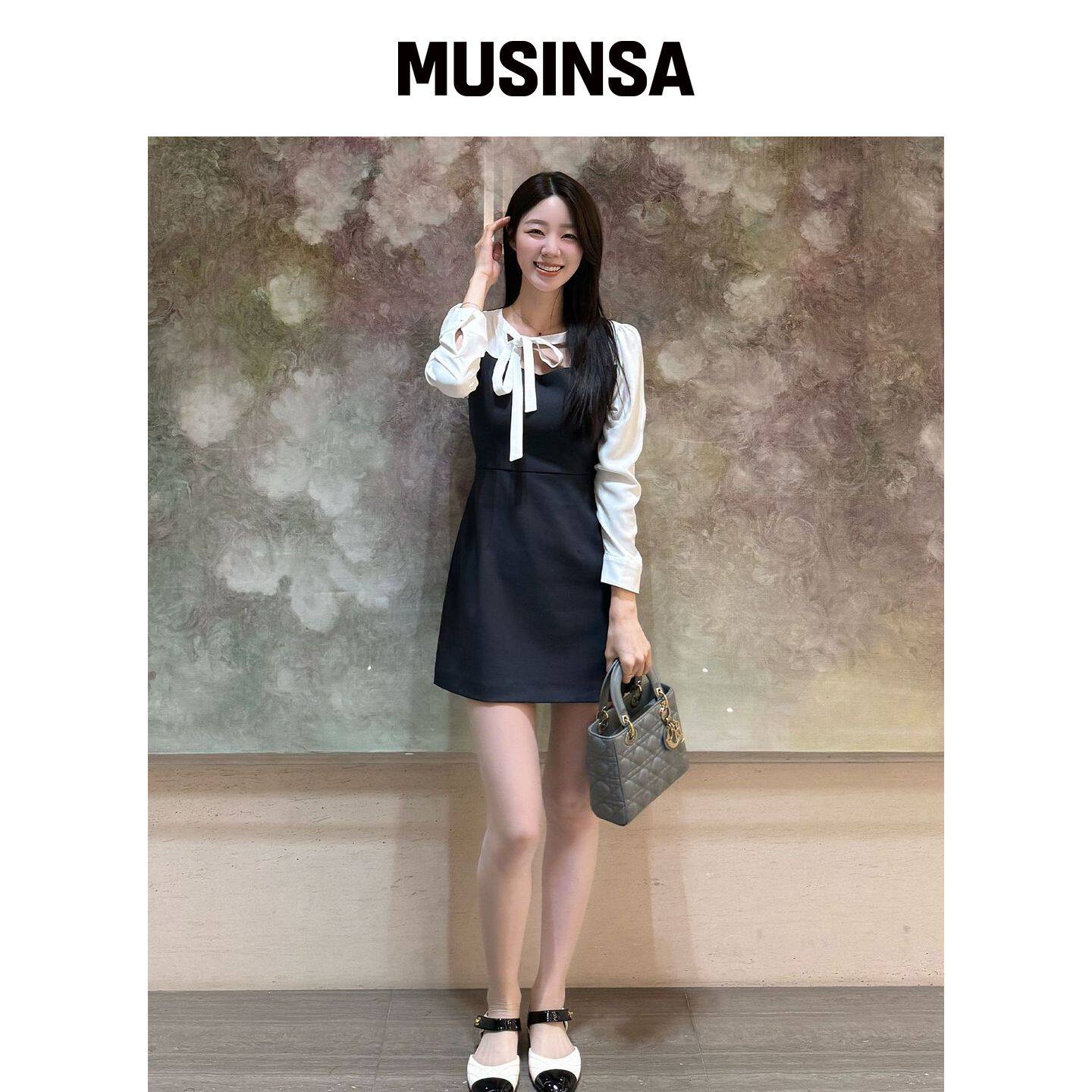 NAME CATEGORY NINA 拼色领带连衣裙_白色 MUSIN韩国官网直邮进口