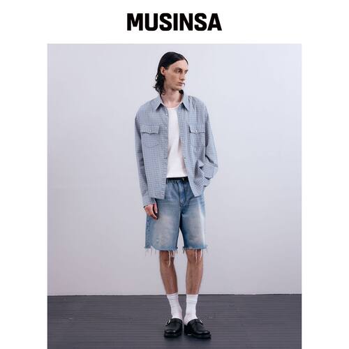 NUAKLE (m) 干燥格纹短款衬衫_天蓝色韩国官网直邮进口MUSINSA