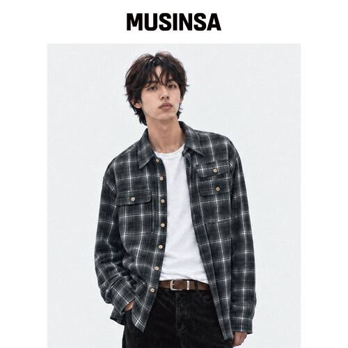 ROWDY 双翻盖宽松格纹衬衫_暗影黑 MUSINSA韩国官网直邮进口