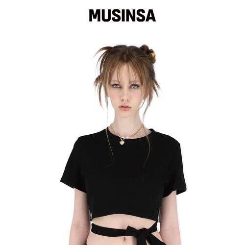 SETSETSET RIBBON BACK SLIT CROP T-SHIRT 黑色韩国官网直邮进口