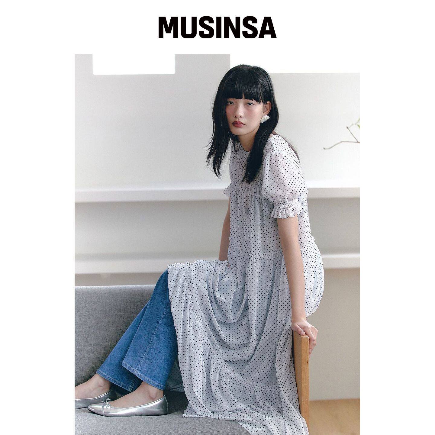 GANISONG 网纱褶皱点点连衣裙_白色 MUSINSA韩国官网直邮进口