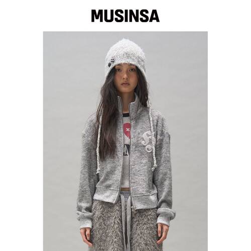 SOMSOC SYMBOL HAIRY KNIT ZIP-UP_中灰色韩国官网直邮进口