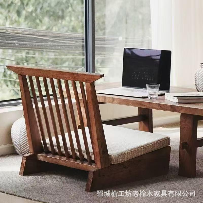 复古老榆木靠背椅阳台休闲单人椅榻榻米座椅实木家用餐椅沙发椅