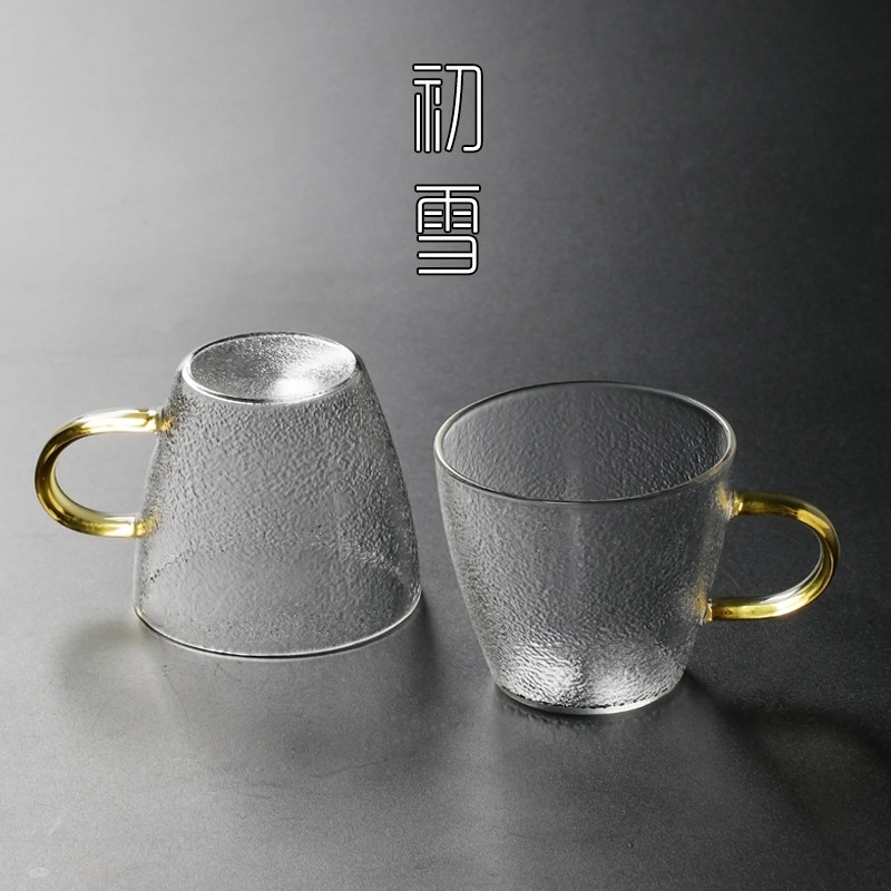 日式锤纹玻璃功夫茶杯6入商用茶具组 耐热带把迷你指环茶杯