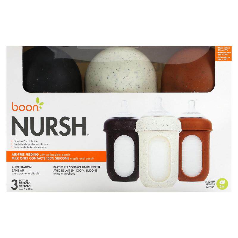 Boon,Nursh,硅酮袋瓶,中号,3 个月以上,3 瓶,每瓶 8 盎司(2